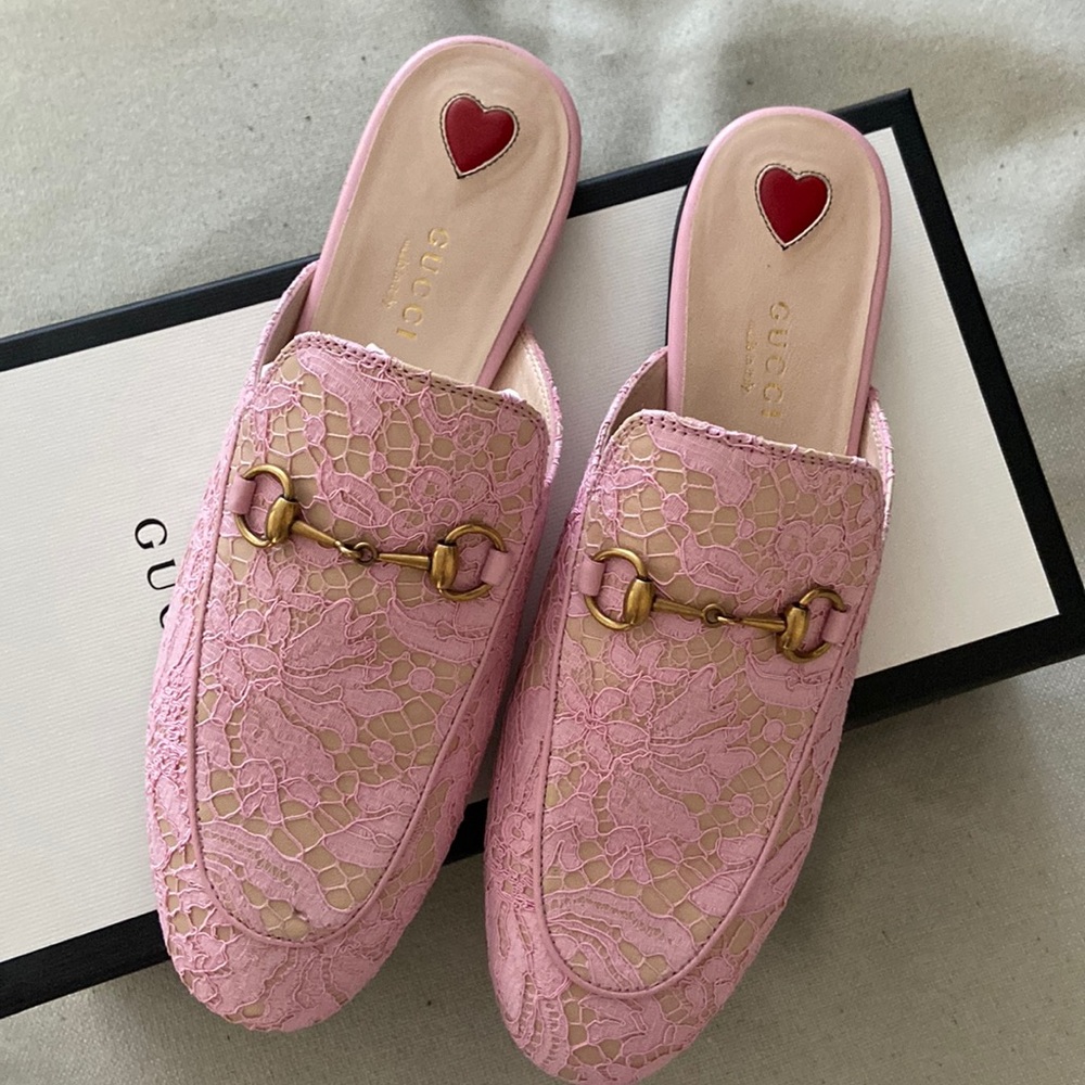 Gucci Princetown pink lace mules
